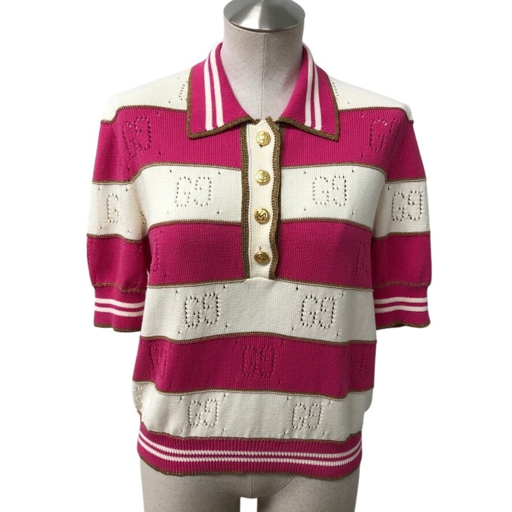 Gucci Striped Knit Polo Shirt Womens Large Pink White GG Logo Gold Button Preppy